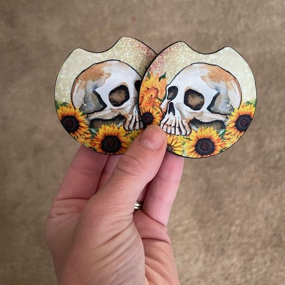 Sunflower Skull Car Coaster 2 Pack - Picture 5 of 12